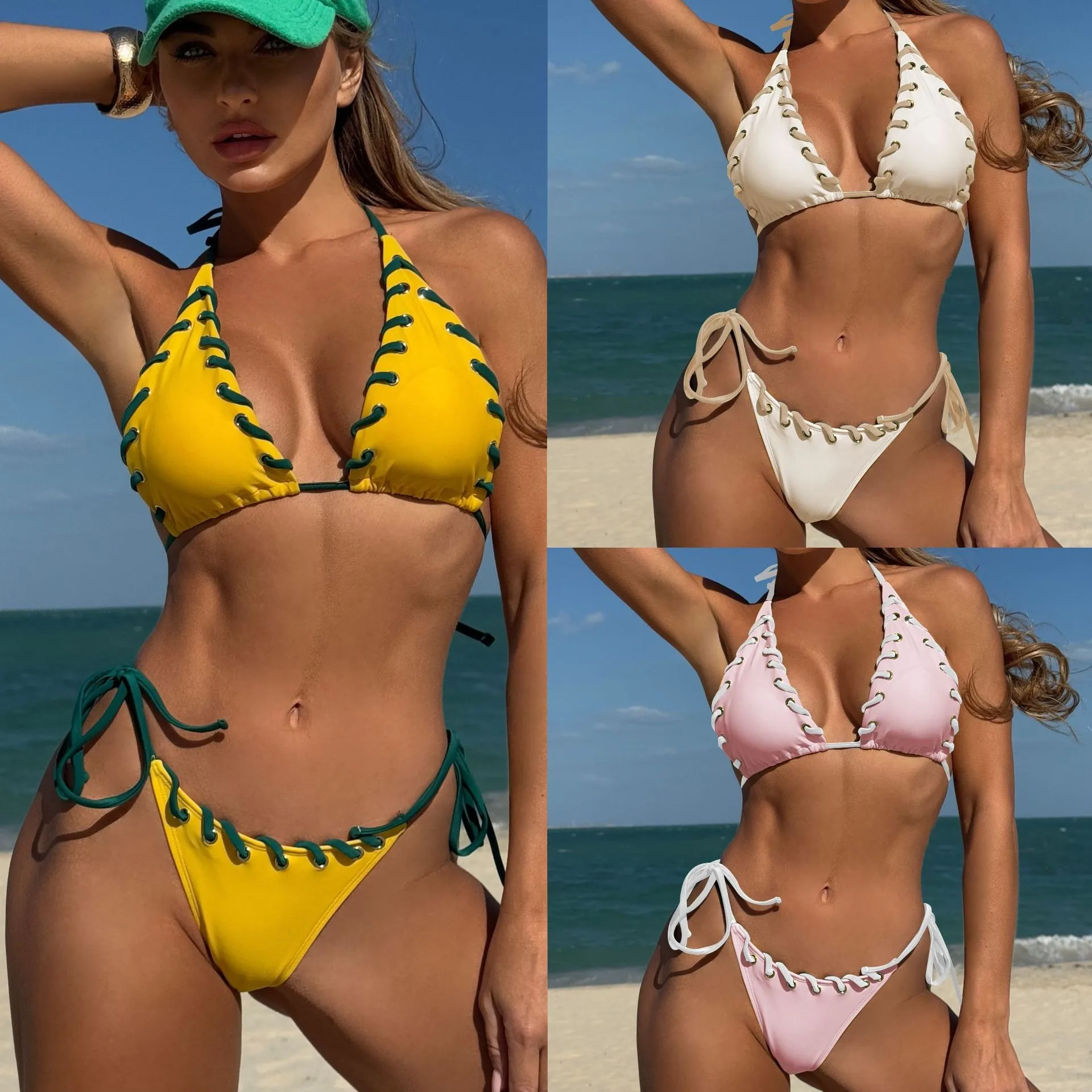

2026 Bikini Women's Triangle Top Backless Bikinis Tie Side Halter Neck Swimwear Cream White High Cut Two Piece Swimsuit Sets