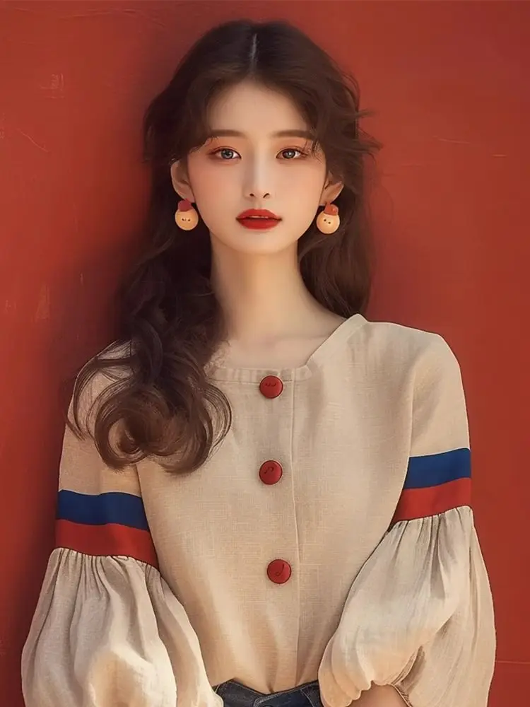 Bawełniane Bluzki Damskie Bufiaste Rękawy Retro Koszule Biurowe Codzienne Oversize