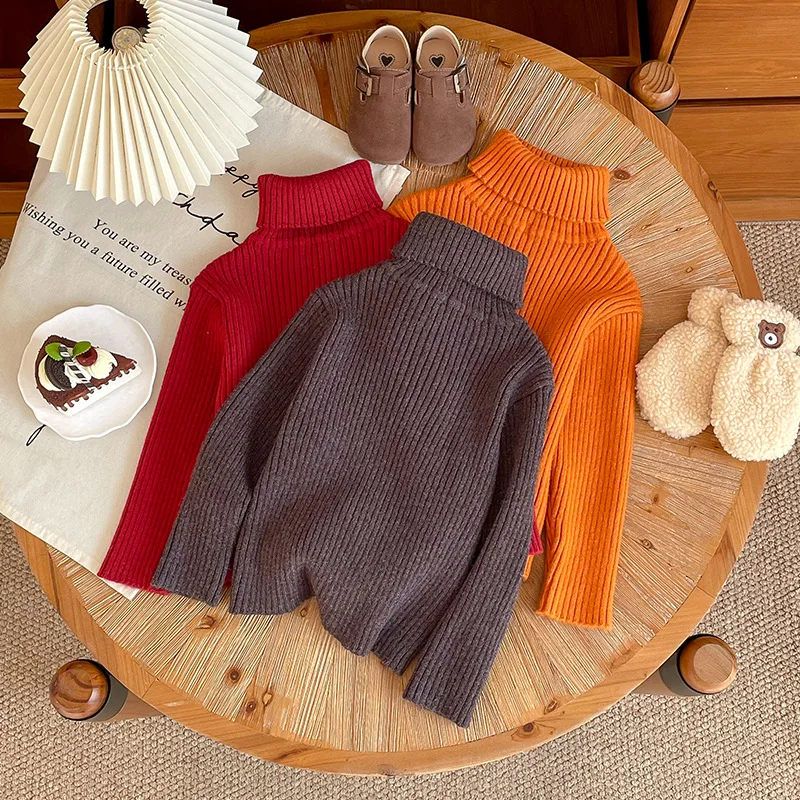 Children's 2026 Autumn/Winter New Product Solid Color High Neck Vertical Pattern Pit Strip Soft Sticky Versatile Base Sweater