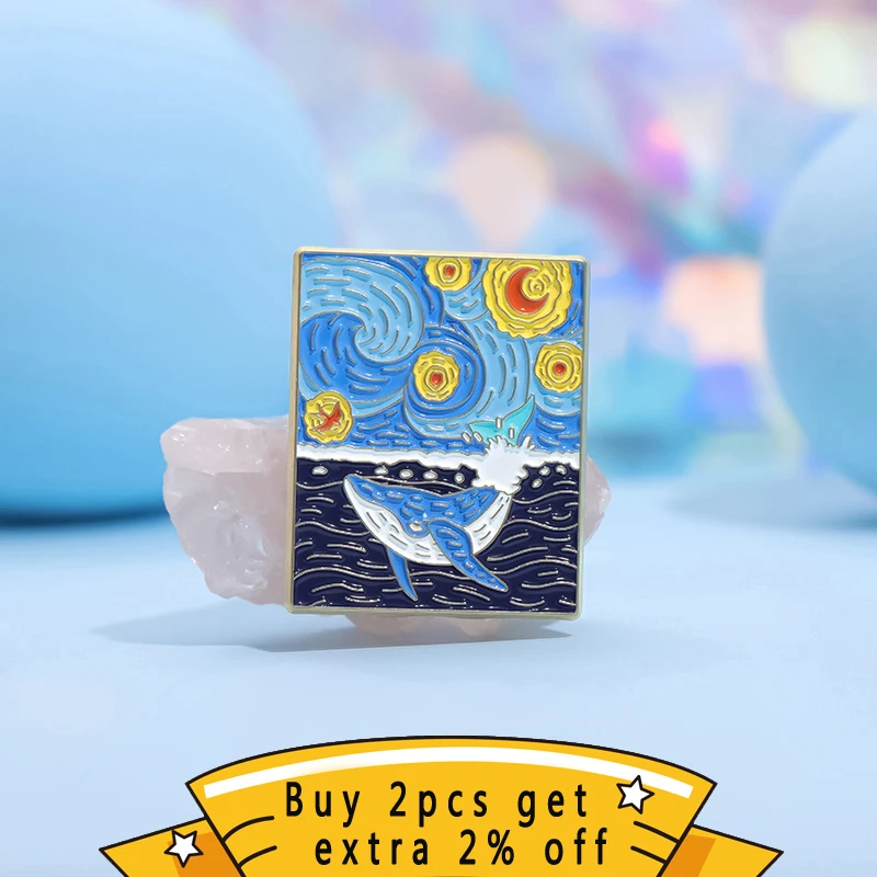 Van Gogh Oil Painting Abstract Enamel Pins Starry Moon Night Ocean Blue Whale Ghost Brooch Lapel Badges Jewelry Gift For Friends