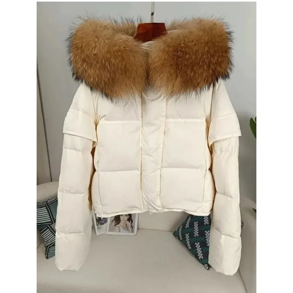 Autumn Winter Women Real Raccoon Fur Collar Hooded Detachable Sleeve Jacket Duck Down Loose Fashionable Streetwear Outerwear