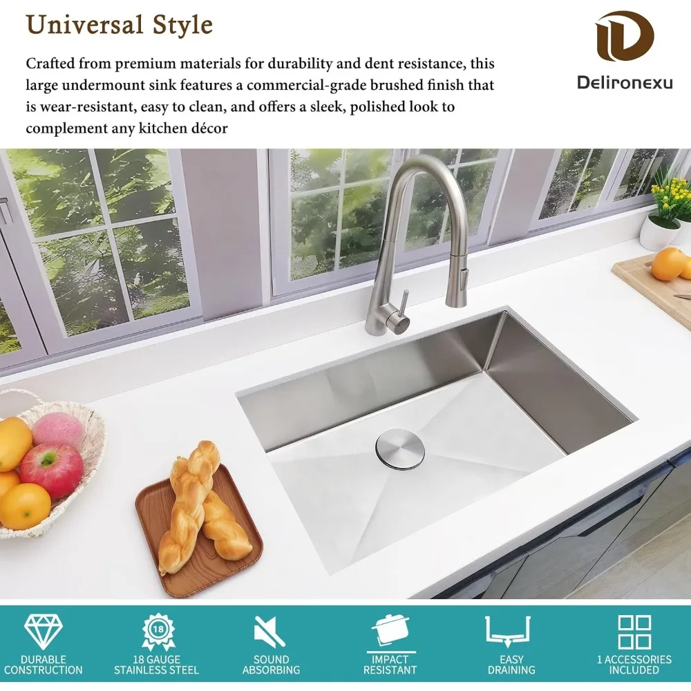 30 Inch Undermount Kitchen Sink - Delironexu 18 Gauge Stainless Steel Single Bowl Kitchen Sinks 30x18x9 Handmade Design with Bru