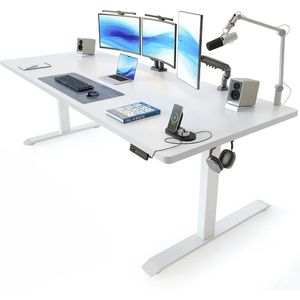 71x37 Inch Dual-Beam Electric Desk with Cable Management, Memory Height for Home Office, Thick White Tabletop