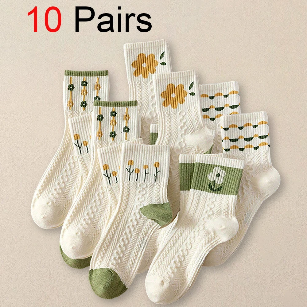 5/10 Pairs Women Cartoon Socks Creative Fashionable Printed Socks Soft Comfortable Lightweight Green Bottomed Midlength Socks