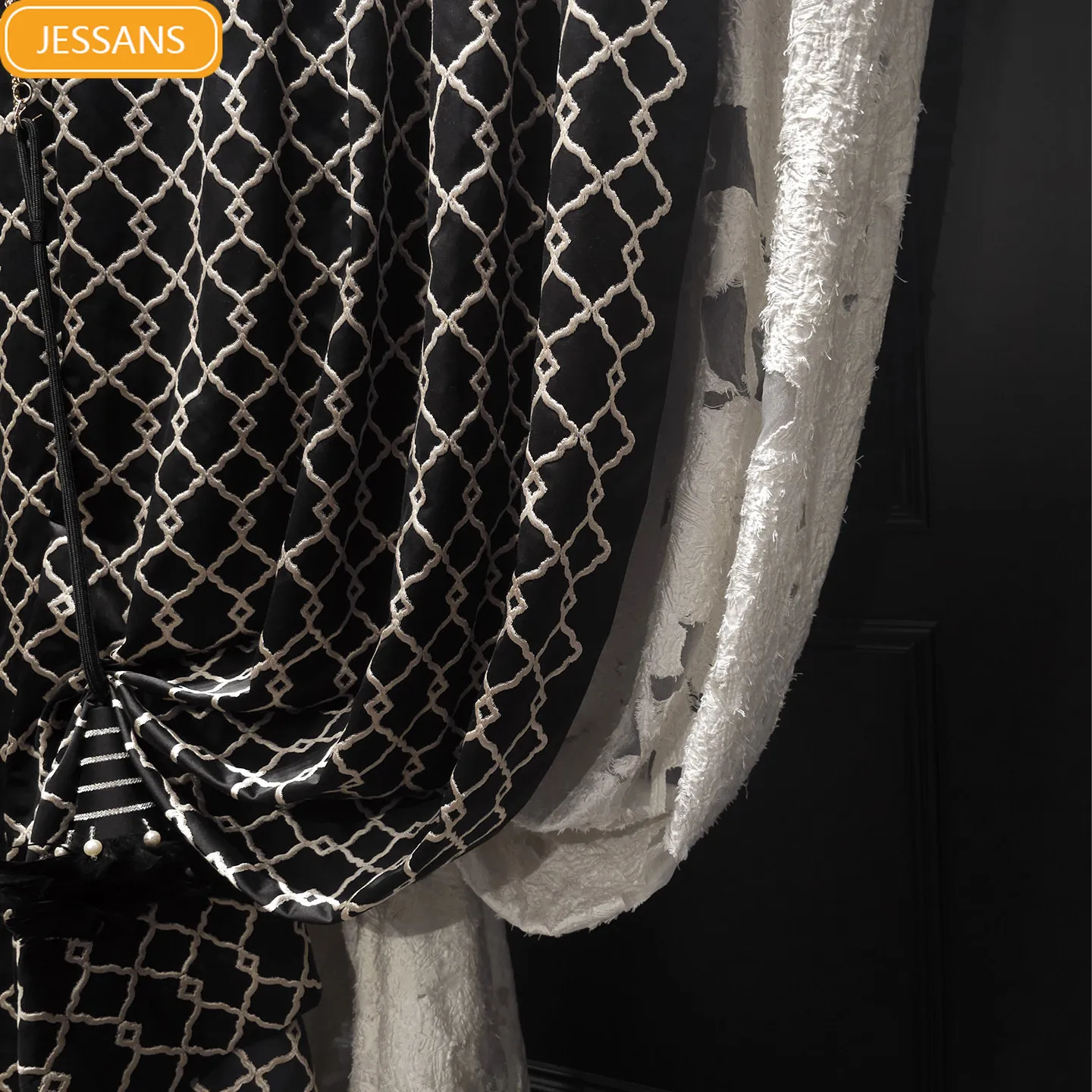New Gold Jacquard Embroidery Thickened Black Blackout Curtains for Living Room Bedroom Villa Customized Finished Product
