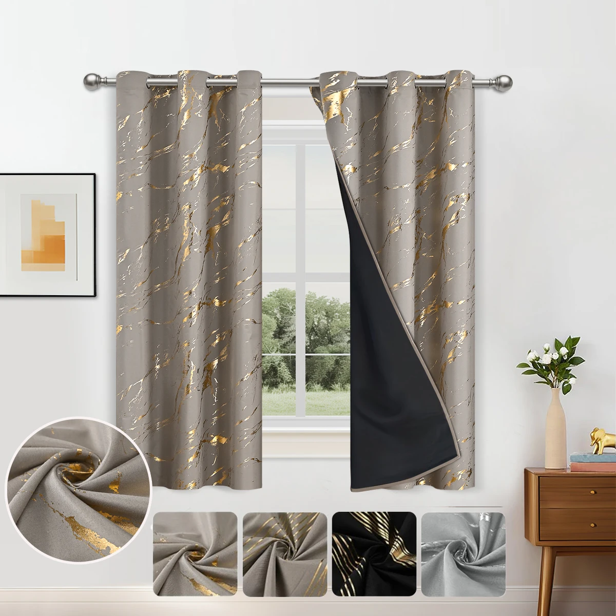 1pc/2pcs Wave and Marble 100% Blackout Curtains, Hot Stamping and Silver Curtains for Living Room, Bedroom, Home Decor