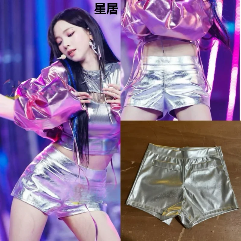 

New Women Singer Kpop Clothing Jazz Dance Costumes Sexy Dancing Silver High Waist Shorts Ladies Nightclub Dance Performance Wear