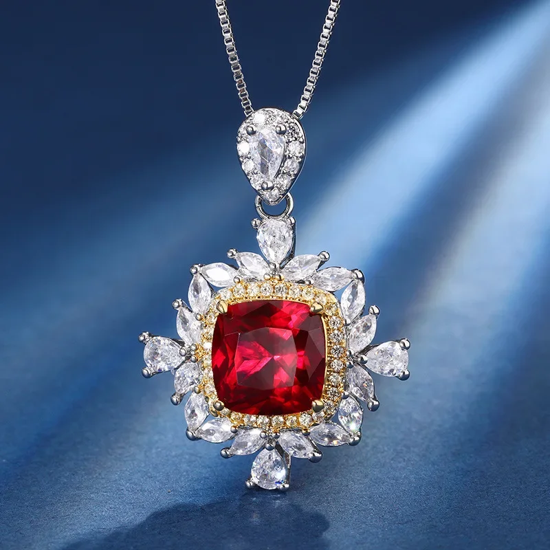 S925 Silver-plated 18K Gold-plated PT950 Platinum Jewelry Set, Colored Red Corundum Treasure Retro Fat Square Set, Women's10 *10