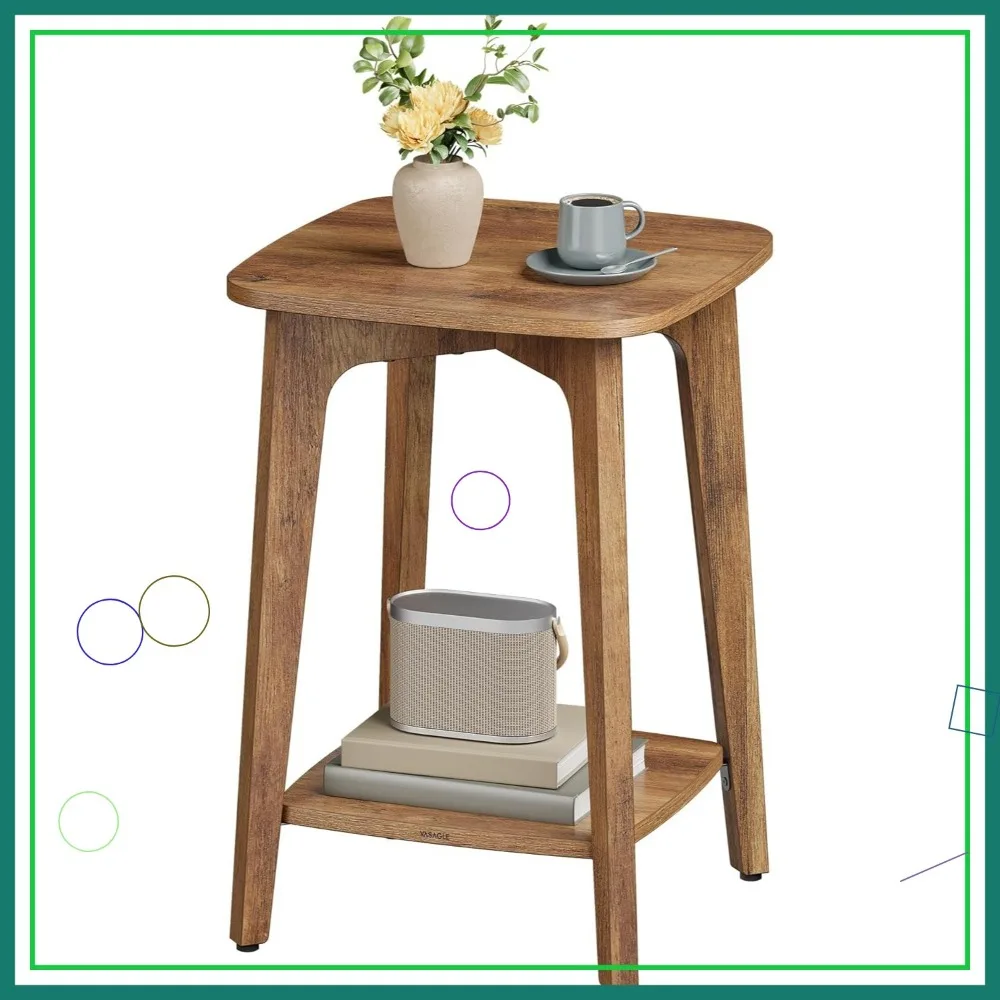 

2-Tier Square End Table with Tapered Legs, Compact Nightstand for Small Spaces, Honey Brown Finish