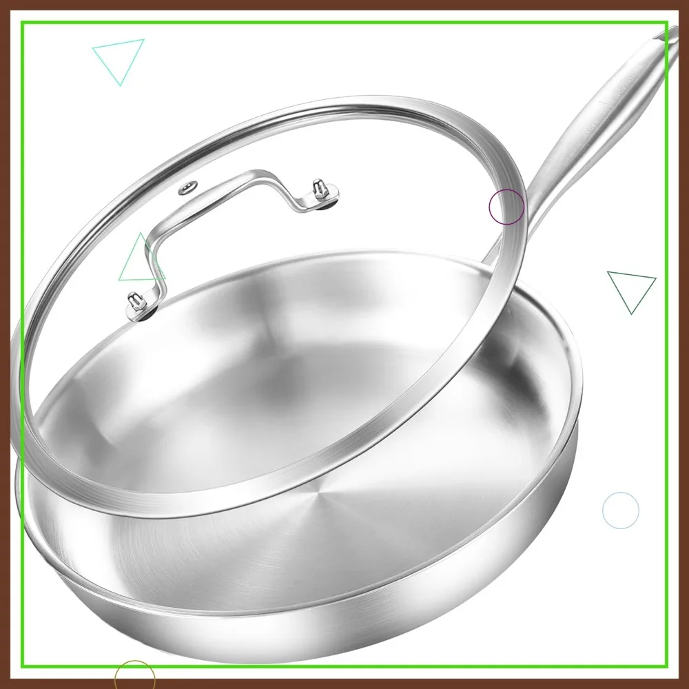 

10,3-дюймовая сковорода из трехслойной нержавеющей стали с крышкой, усиленная, совместима с индукционными плитами, быстрое нагревание, подходит для посудомоечных машин и духовок