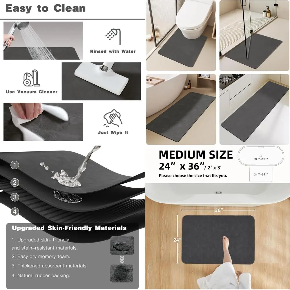 

Non-Slip Washable Thin & Absorbent Quick-Dry Bath Mat, 24x36 Dark Grey - Ideal for Bathroom, Shower, and Sink