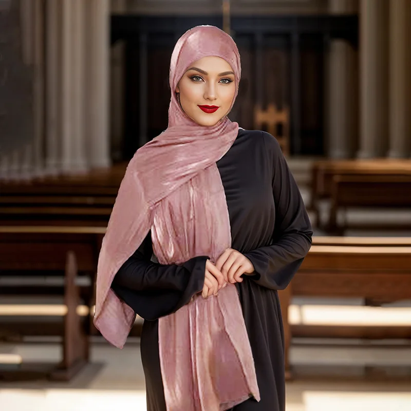 New Metallic Crepe Scarf with Tie Cap, Women's Turban Headwrap Shawl Set, Malaysia Hot Sale Hijab Cross Border Export