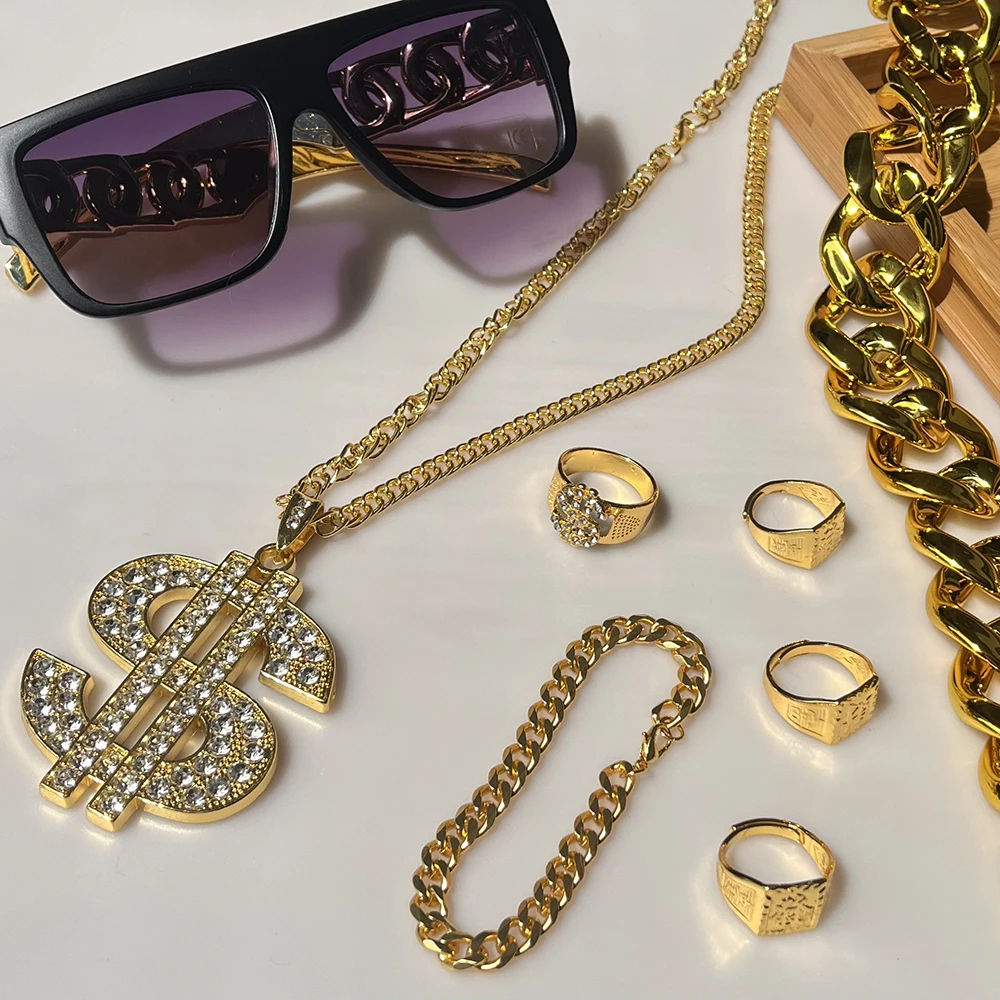 Jardme 80s 90s Hip Hop Jewelry Set for Men Costume Kit Old School Rapper Golden Rope Chain Bracelet Dollar Sign Chain Jewelry