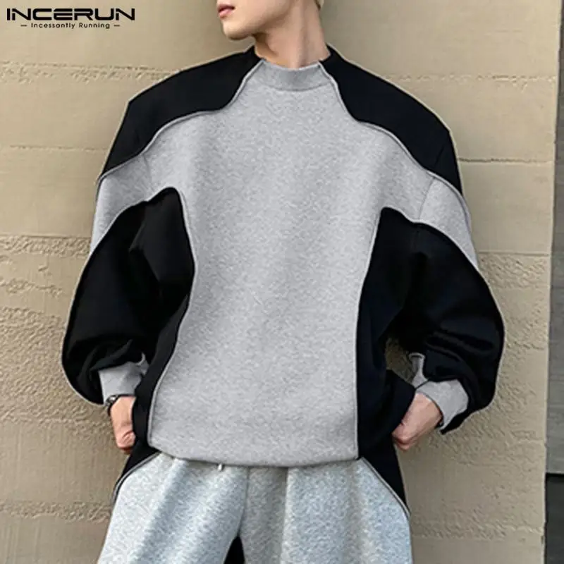 INCERUN Tops 2024 Fashion Men Contrast Deconstruction Design Sweaters Casual Streetwear Male O-neck Long Sleeved Pullovers S-5XL