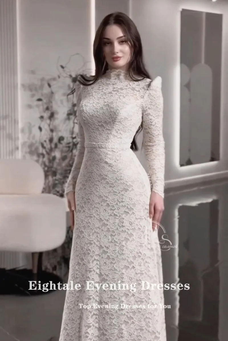 Abito da sposa arabo Eightale Abito da sposa in pizzo avorio personalizzato Collo alto Applicazioni musulmane Abito da festa da sposa a maniche lunghe