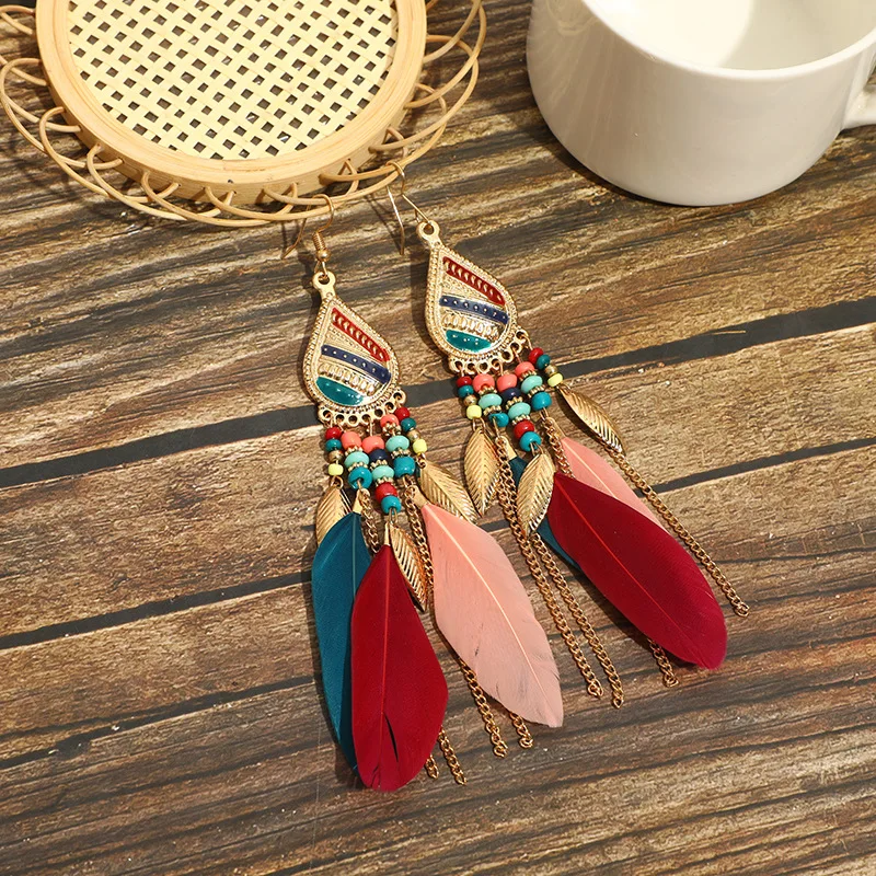 

300pairs/lot wholesale feather earrings Bohemian long tassel photo trend women's ear hooks personalized wholesale earrings