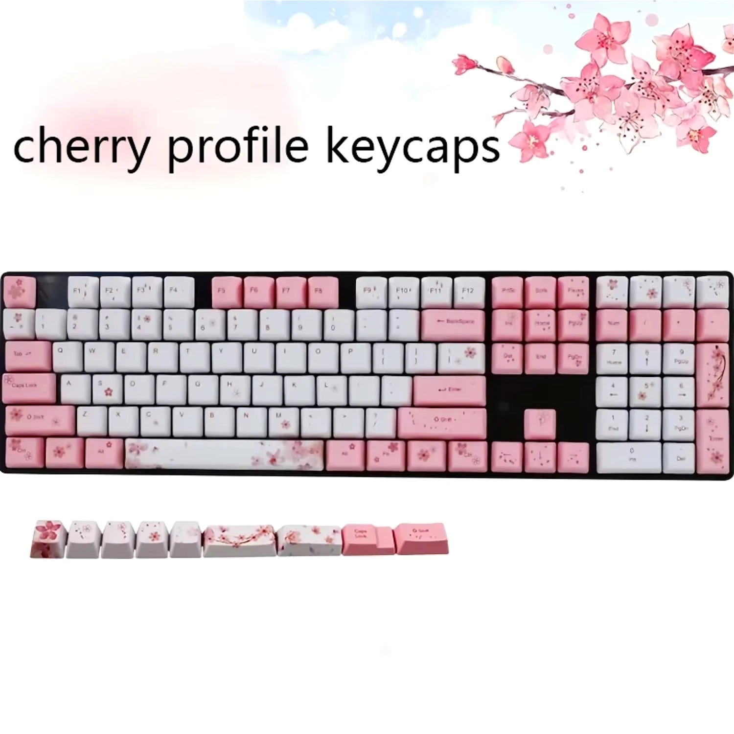 113Keys/Set Pink Kawaii Cute Keycaps, Cherry Profile Keycaps PBT Sublimated Mechanical Keyboard Cap Accessories Cross Shaft