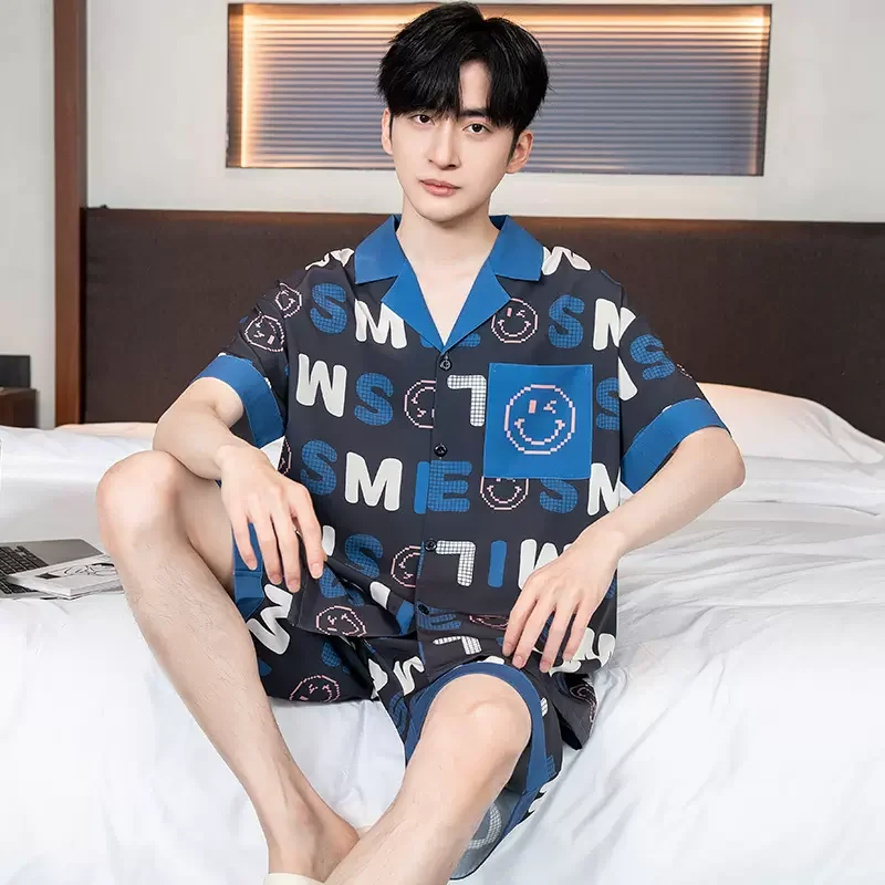 Men's Pajamas Ice Silk Summer Cool Sense Short Homewear Men's Thin Cartoon Suit Silk Pajamas Casual Sleepwear Men Pyjama Set