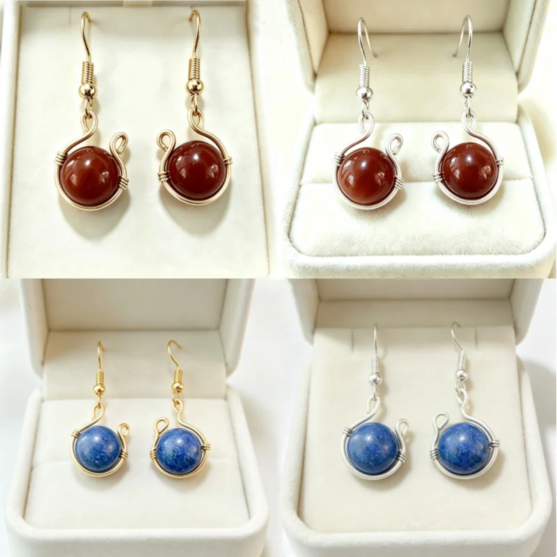 Purely Hand-Woven Winding Earrings with Spiral Ear Hooks and Dangling Agate