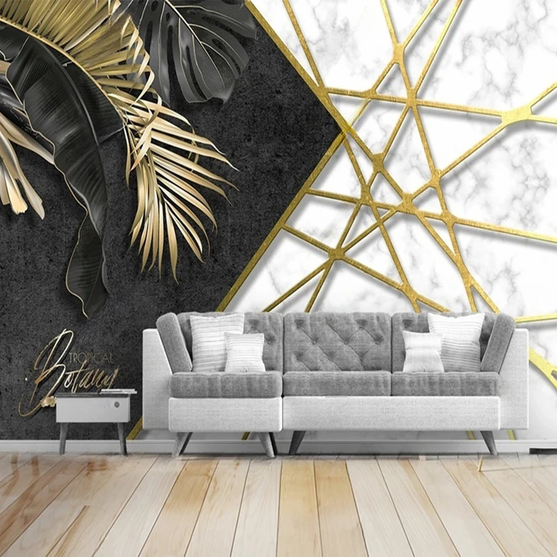 Custom 3D Modern Black & Gold Leaf Marble Photo Wallpaper for Living Room, TV, Sofa, Bedroom Wall Murals Wall Art Background