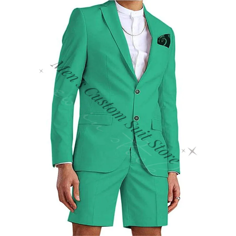 Mode Mint Hemelsblauw 2 Stuks Zomer Herenpakken (Jas + Korte Broek) Inkeping Revers Slim Fit Blazer Broek Bruiloft Grooms Smoking