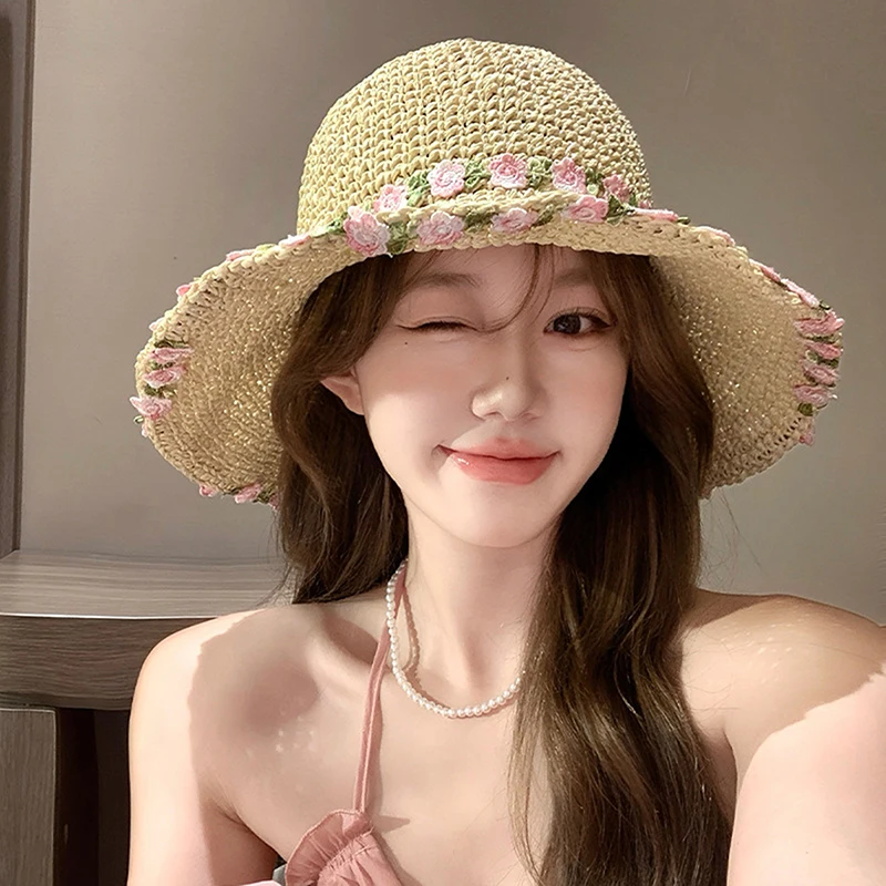Beach Side Cap with Lace Straw, Women's Wide Brim Summer Sun Hat.