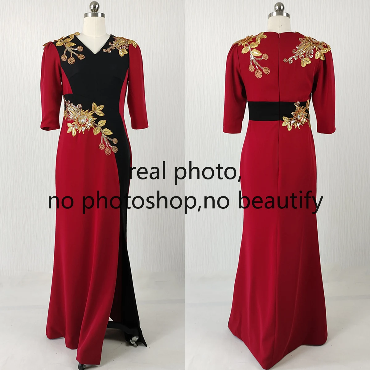 Burgundy Embroidery Evening Dress V-Neck Half Sleeves Mermaid Sexy Ankle-Length Zipper Back New Woman Formal Party Gowns A1604