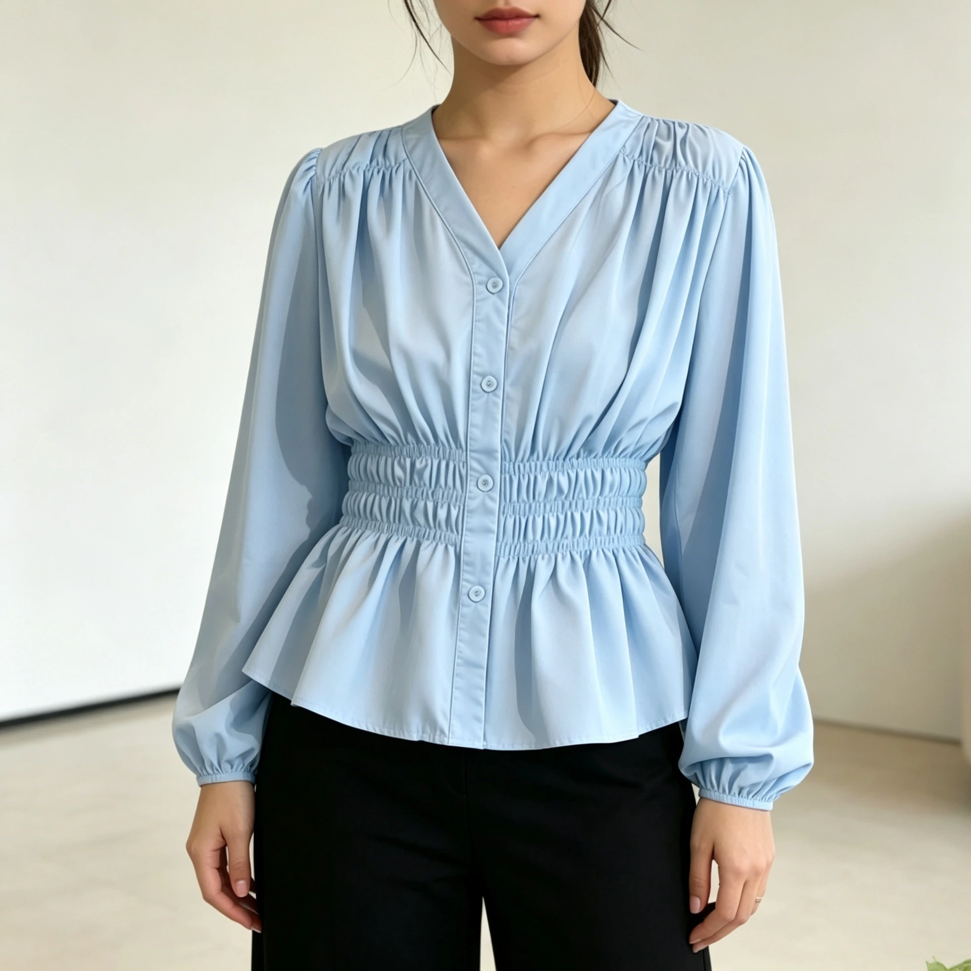 Plus Size Women Clothing Spring Autumn New V-Neck Long Sleeved Shirt&Blouses Solid OL Casual Business Top To Cover The Stomach
