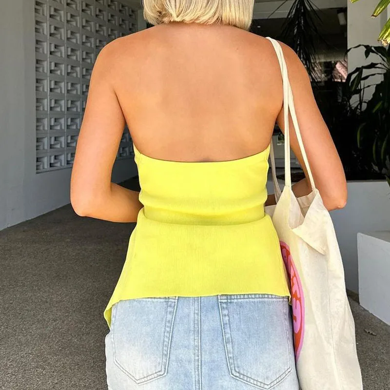 Yellow Halter Sexy Backless Tank Tops For Women Streetwear 2024 Sleeveless Ribbed Knit Vest Top Street Party Cropped Tops