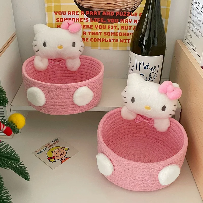Kawaii Hello Kitty Weave Storage Basket Kuromi Cinnamoroll Girl Sundries Storage Baskets Ornaments Hairpin Toy Cosmetics Storage