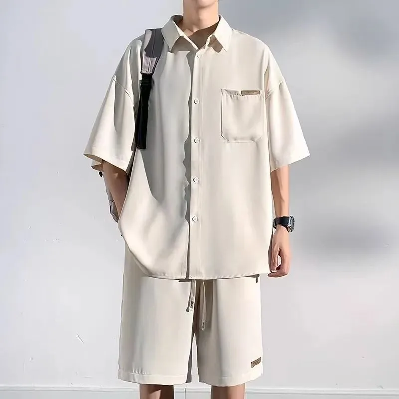 Men's Ice Silk Two Piece Set Short Sleeve Shirt & Casual Shorts Loose Summer Outfit