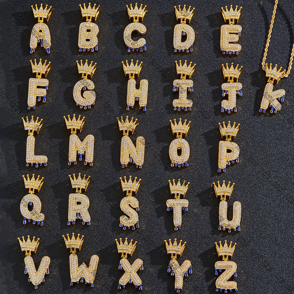 Hip Hop Iced Out Bling Cubic Zirconia A-Z Drip Crown Initial Letters Pendant Gold Silver Color Hip Hop Jewelry For Men Women