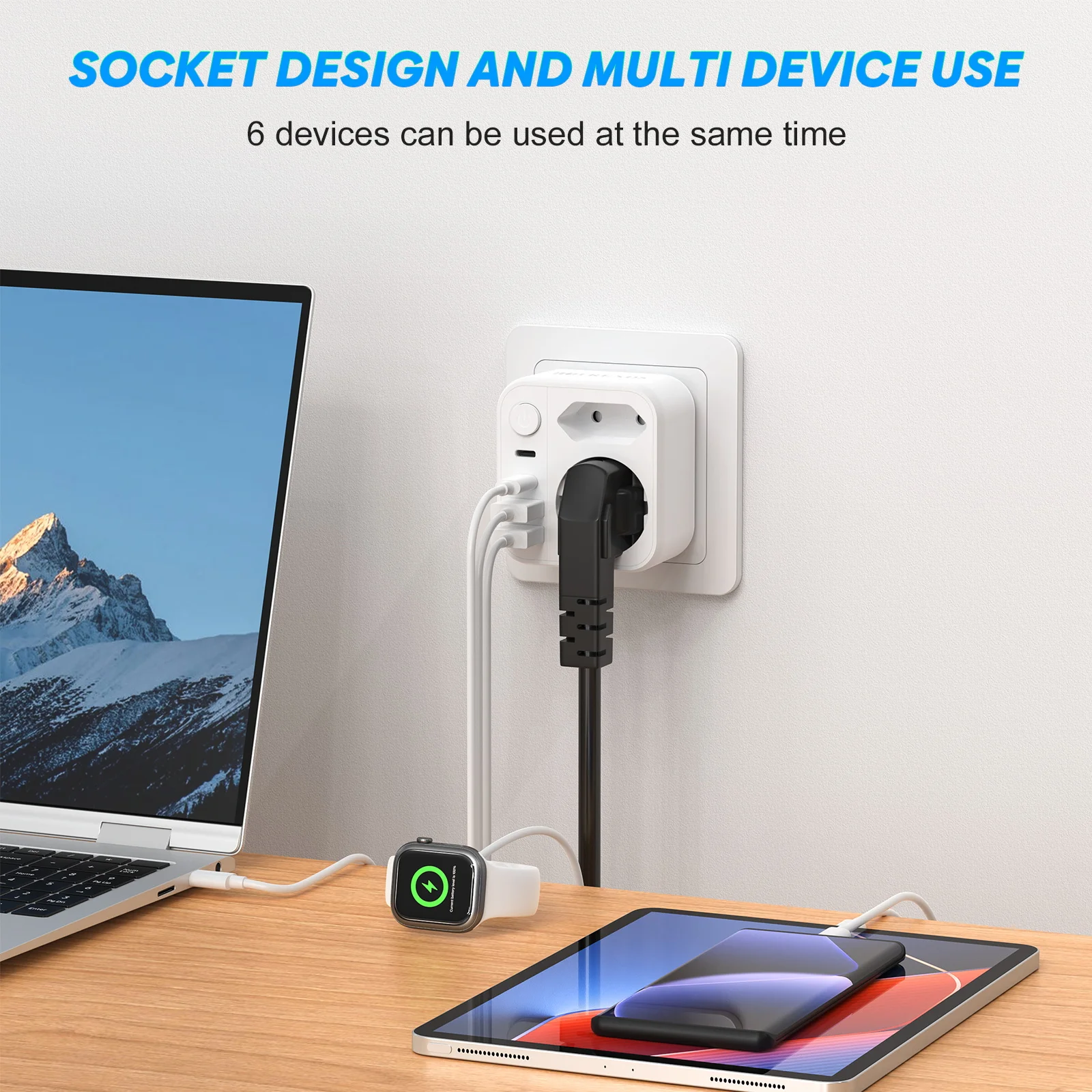 Prise adaptateur secteur ue 6 en 1 avec prise Euro/Schuko USB C/USB A17W, charge rapide/protections multiples, essentiel pour les voyages