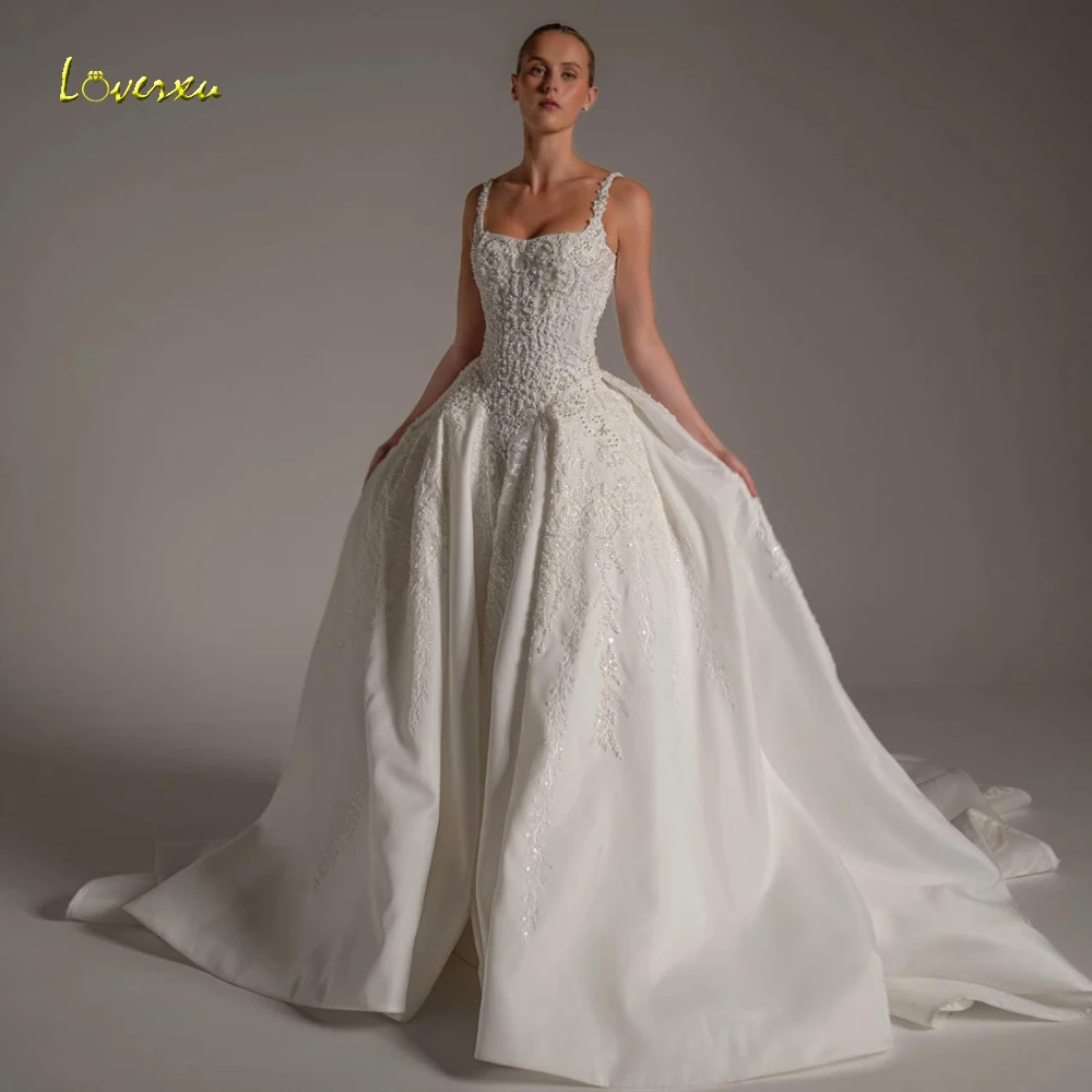 Loverxu A-Linie, zarte Brautkleider, U-Boot-Ausschnitt, ärmellos, Vestido De Novia, Spitze, Perlen, mattes Satin, maßgeschneidertes Brautkleid