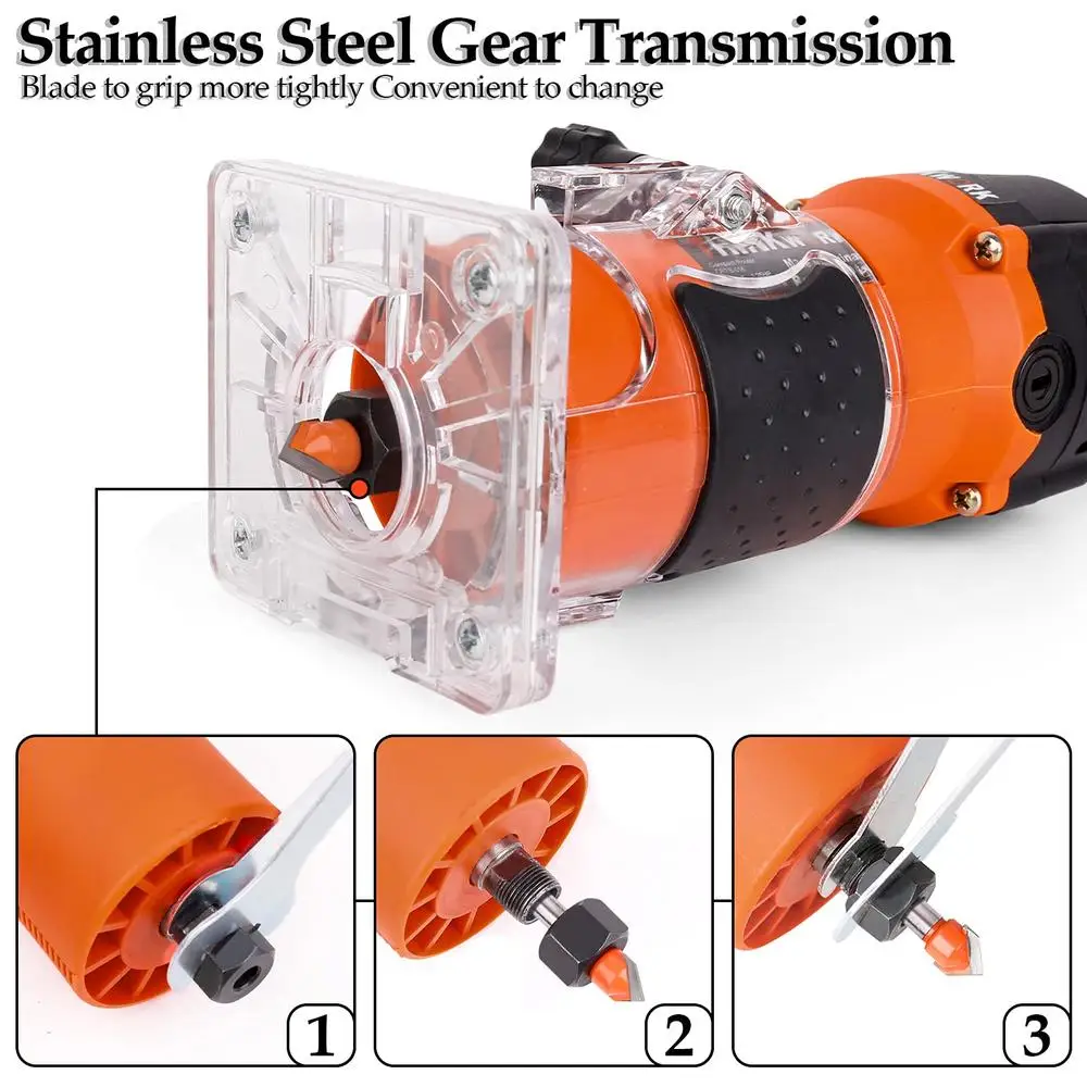 Compact Wood Router 1.25HP Palm Trimmer 6.5A 15pc 1/4" Bits Set 30000RPM