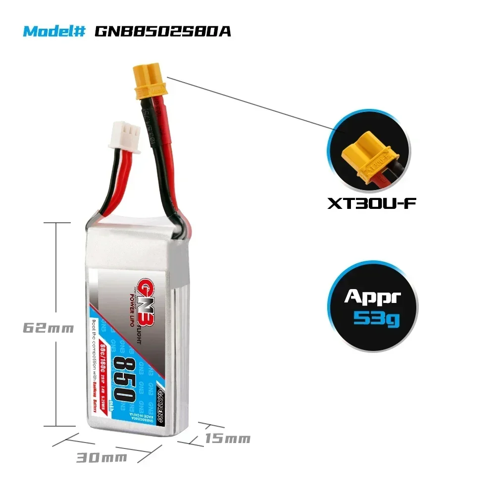 Oryginalny akumulator GNB 2S/3S/4S 850mAh 7.4V/11.1V/14.8V 80C Lipo do dronów wyścigowych FPV RC Quadcopter Battery z wtyczką XT30/XT60