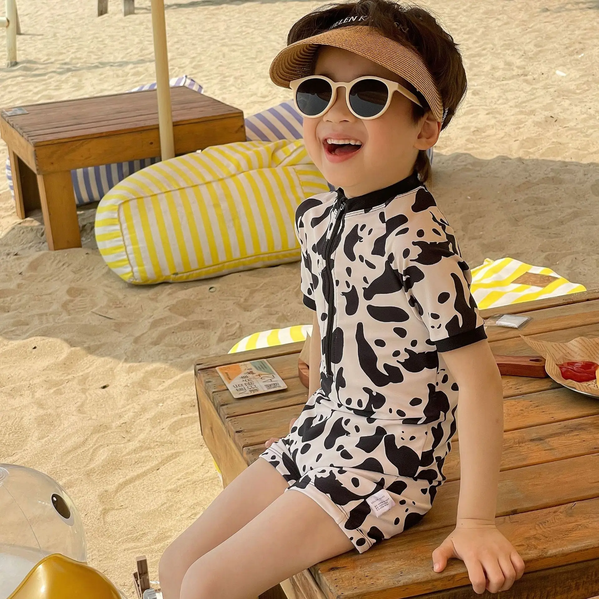 Kids Summer One-piece Swimsuit Baby Boys Short Sleeve Quick-Dry Cute Cartoon Panda Surfing Suit Swimwear Toddler Bathing Suit