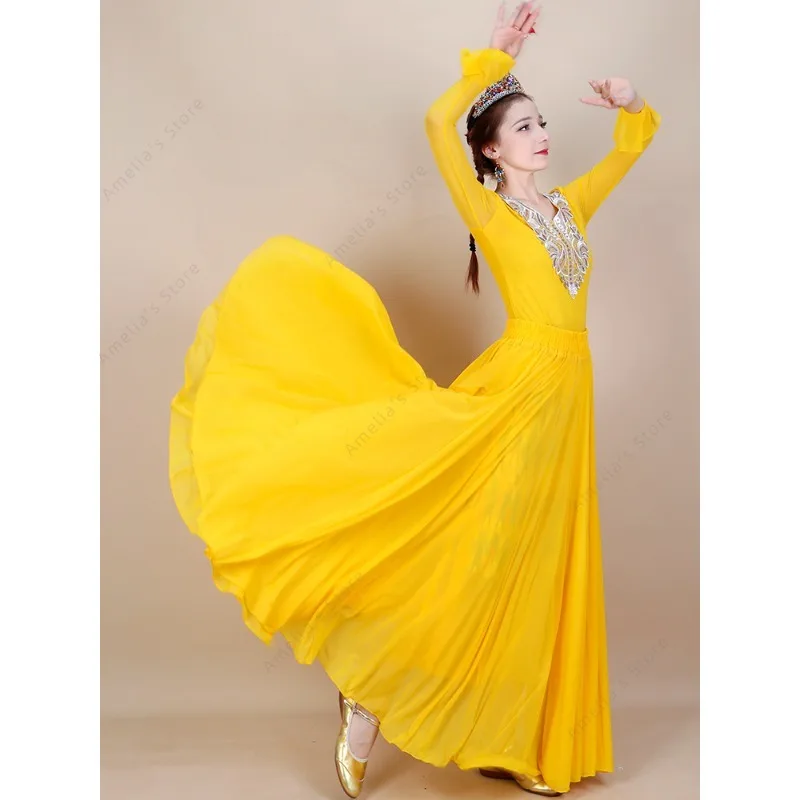 ชุดเต้นรำซินเจียง 2025 ชุดเต้นรำอุยกูร์สำหรับผู้หญิง ชุดพื้นเมือง เสื้อคลุมยาว กระโปรงยาว