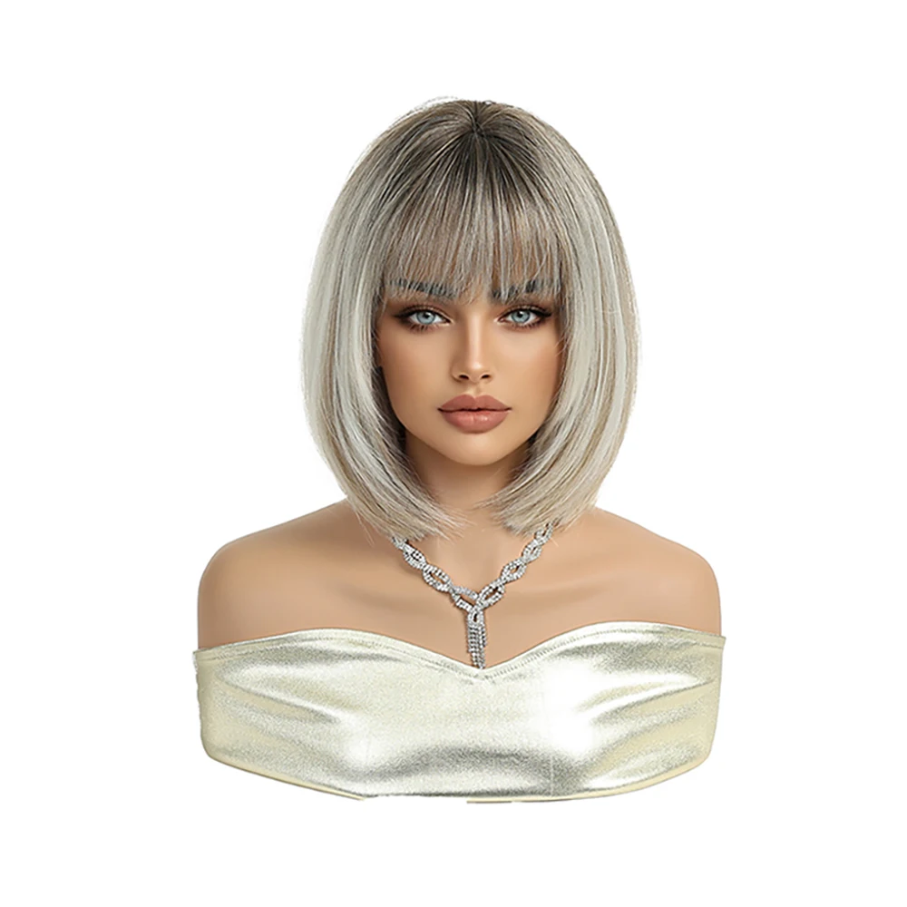 Short Bob Wig With Bangs Ombre Platinum Blonde Dark Roots Natural Heat Resistant Synthetic Hair For Women Daily Party Cosplay