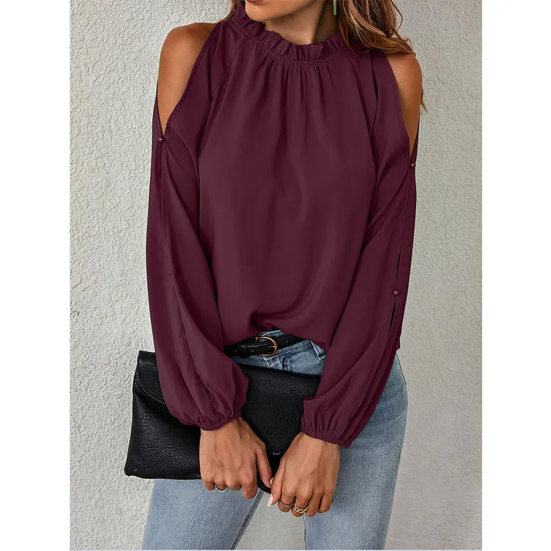 Women\'s Clothing Ruffled Neck Off Shoulder Tops Autumn Winter New Office Lady Long Sleeve Stylish Commute Solid Color T-shirt