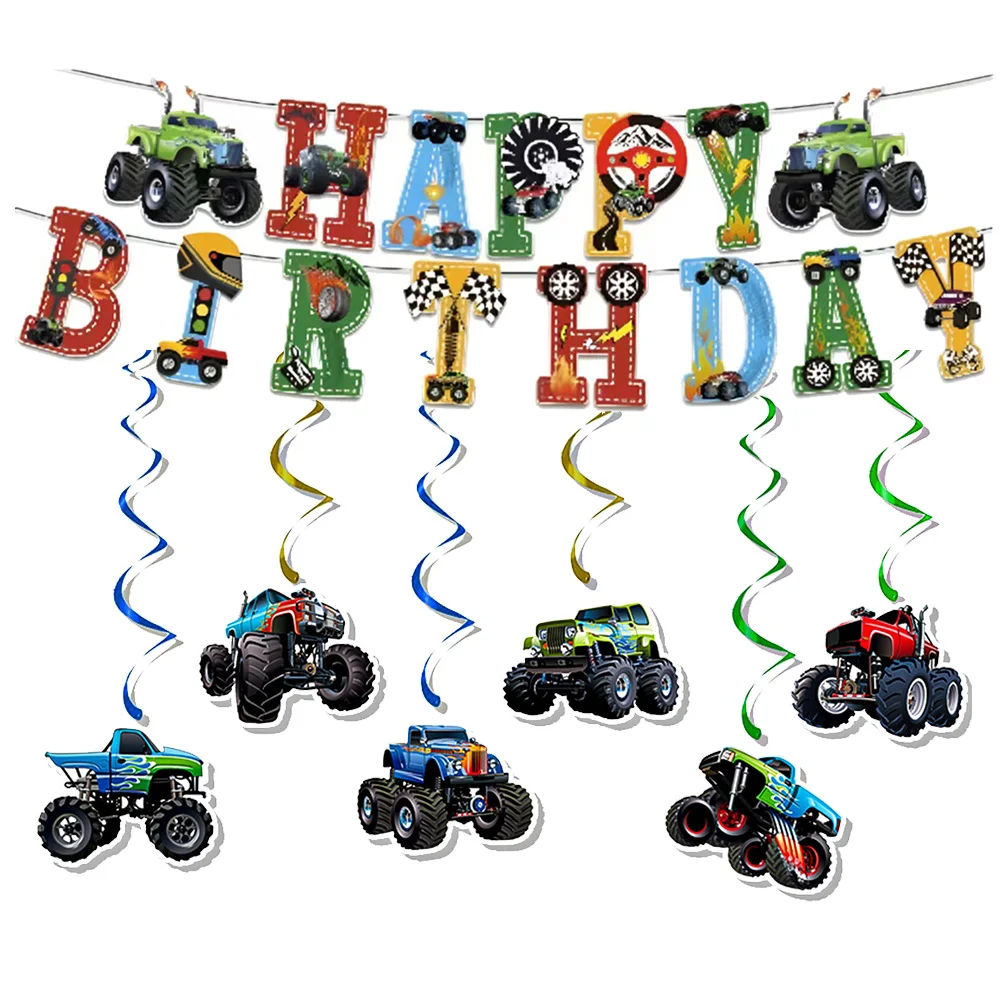 Monster-Truck-Party-Deko-Set mit Monster-Truck-Girlande, Banner und Hängedekoration für Jungen-Rennwagen-Partys