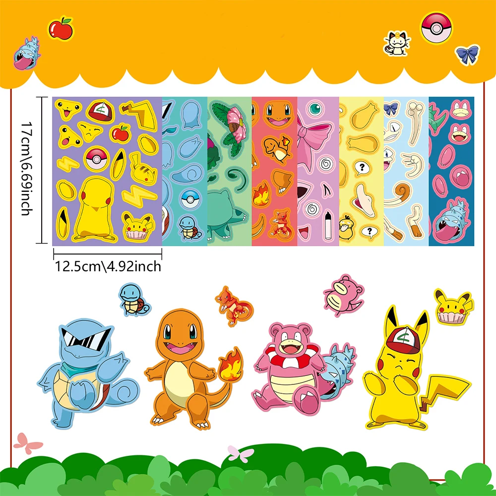 8/16Sheets Cute Pokemon Anime Puzzle Stickers DIY Make-a-Face Assemble Funny Cartoon Decal Jigsaw Fun for Children Kid Toy Gift