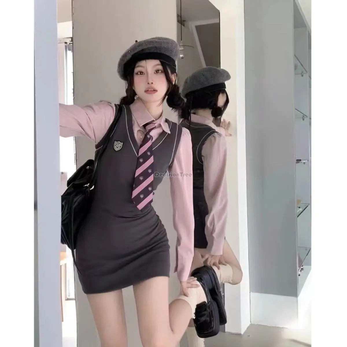 2023 neue korea stil jk uniform süße und sexy hohl rosa hemd frauen herbst schlanke sommerkleid kleid zwei-stück täglichen set