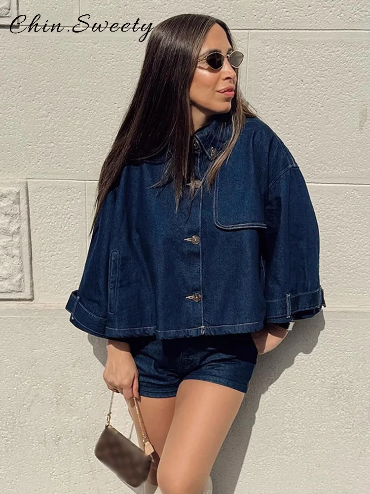 

Casual Single Breasted Denim Shorts Sets Women Lapel Full Sleeve Coat Mini Short Jeans 2025 Summer Lady High Street Outfits New