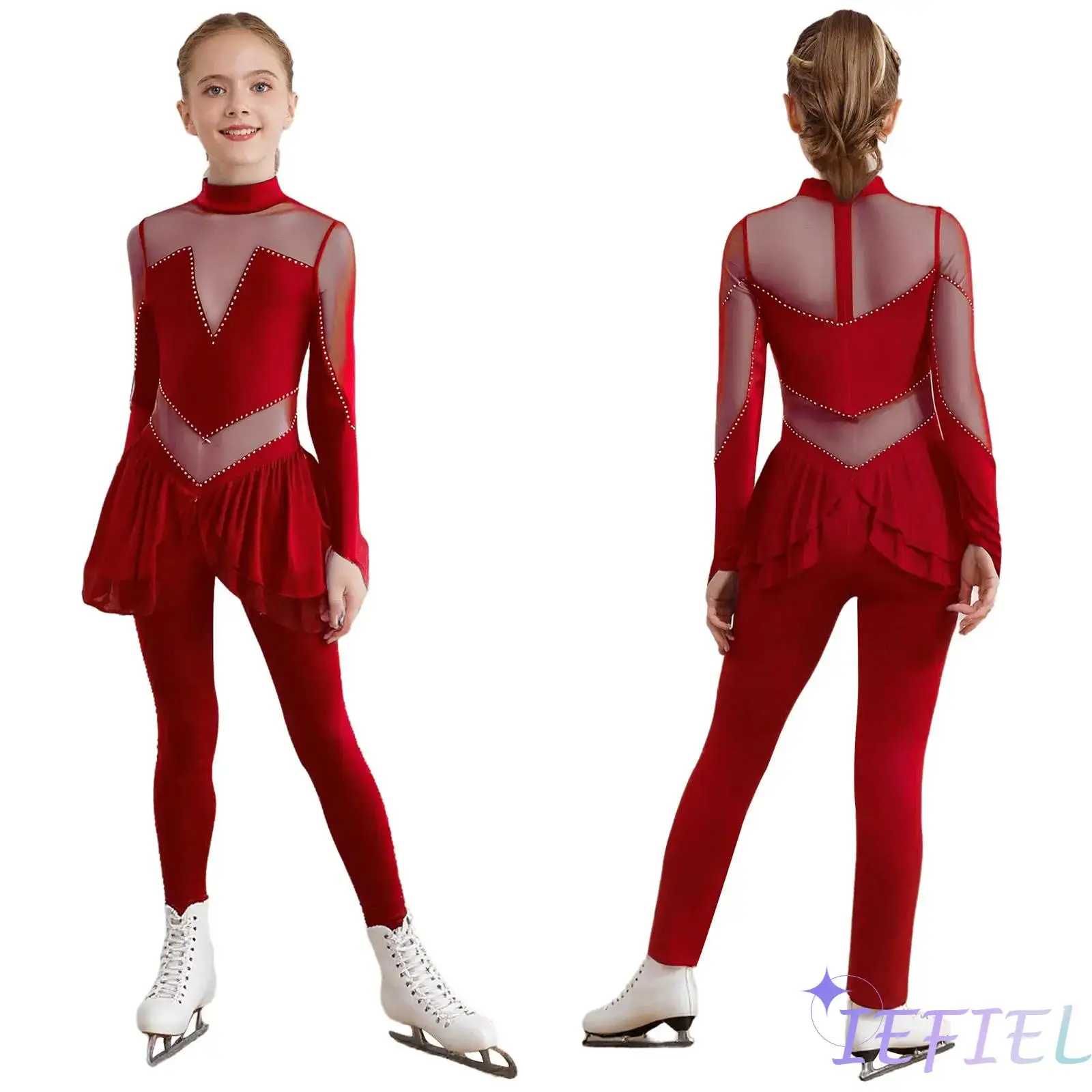 

Kids Girls Competition Skating Costume Long Sleeve Rhinestone Mesh Patchwork Bodysuit Artistic Dance Jumpsuit for Ice Dance Show