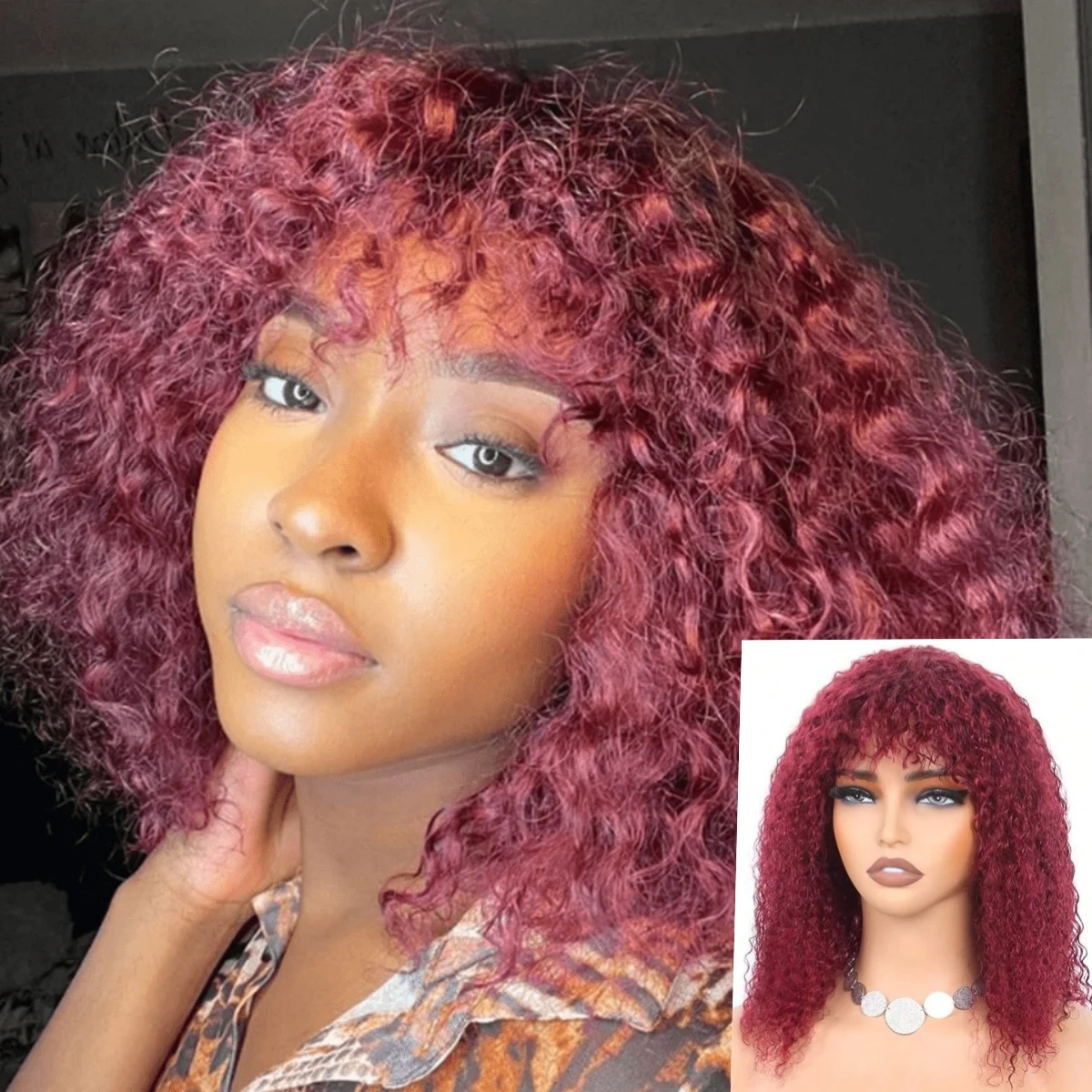 

Burgundy 99J Curly Wave Full Machine Made Short Bob Wigs 100% Human Hair Wig Water Curly Wig Baby Hair Front Human Hair Wig