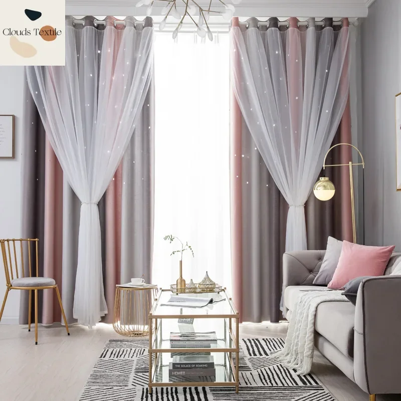 

New Curtains for Living Dining Room Bedroom Girl Children's Room Star Gradient Hollow Out Blackout and Double Layer Tulle