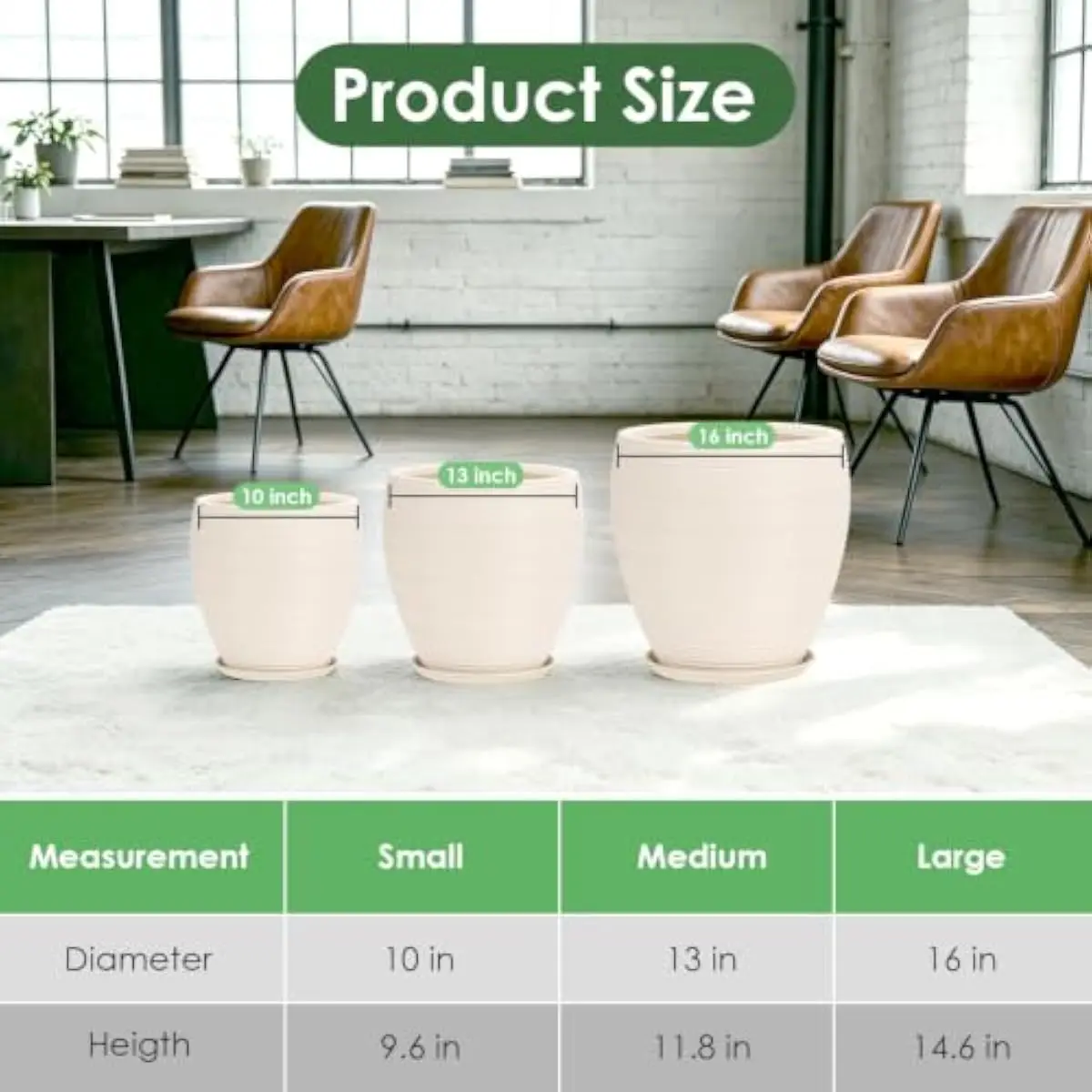 Large Modern Spherical Plant Pots Trio – 16 13 10 Inch Lightweight Stone-Finish Plastic Containers with Adjustable Drainage Syst