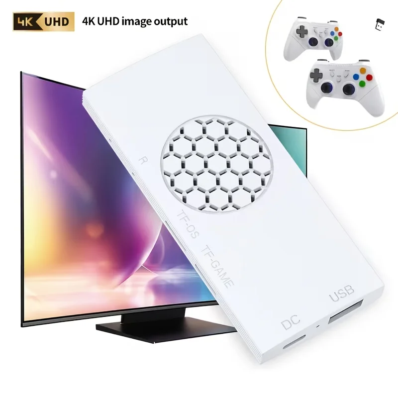 G99 plug and play TV game console, 4K high-definition output, dual wireless controllers, supports two player gaming,