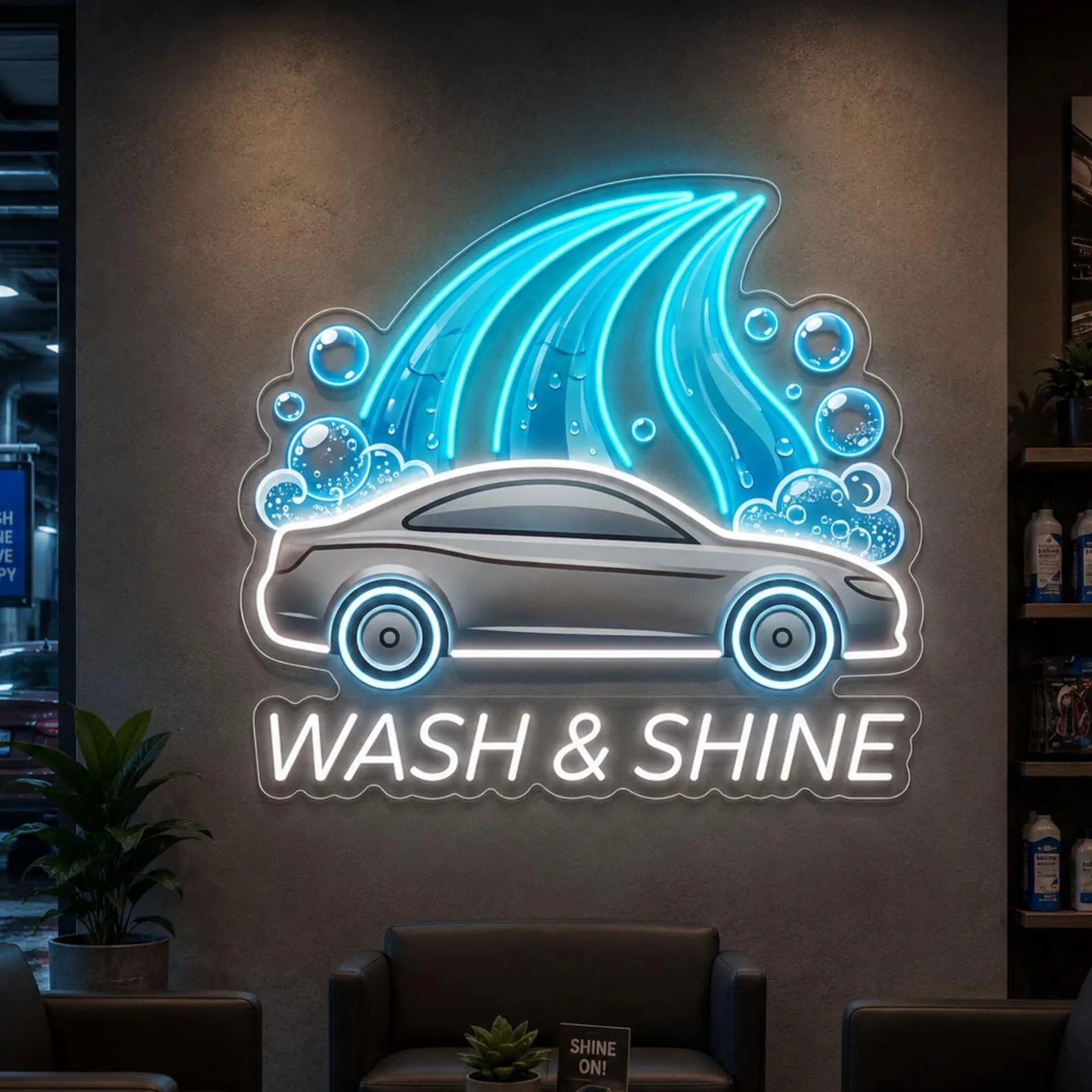 Wash And Shine Neon Sign,Car Wash LEDWall Light For Auto Detailing Shop Decor,Garage Wall Decor,Car Wash Shop Sign,Mechanic Sign